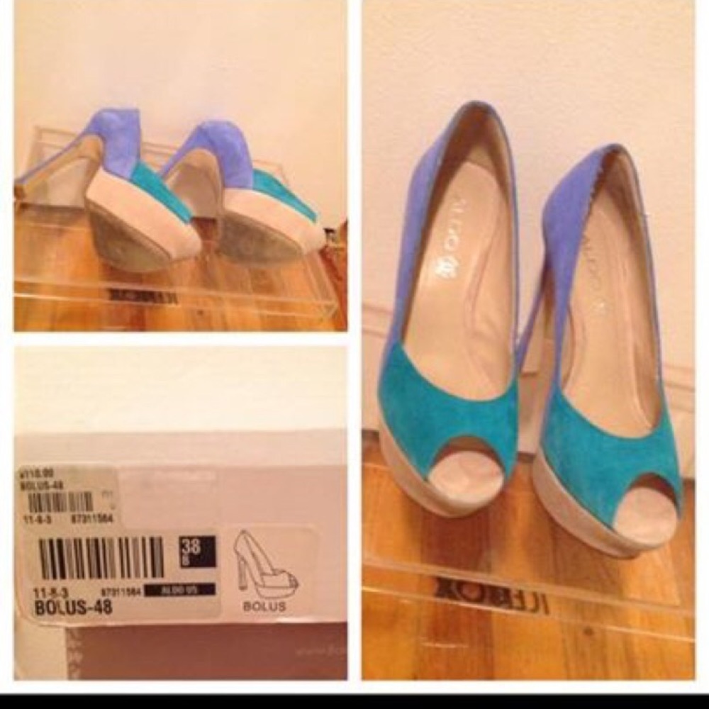 Aldo teal & purple suede open toe heels